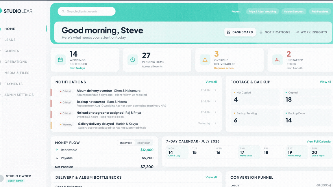 StudioLear CRM Dashboard Interface